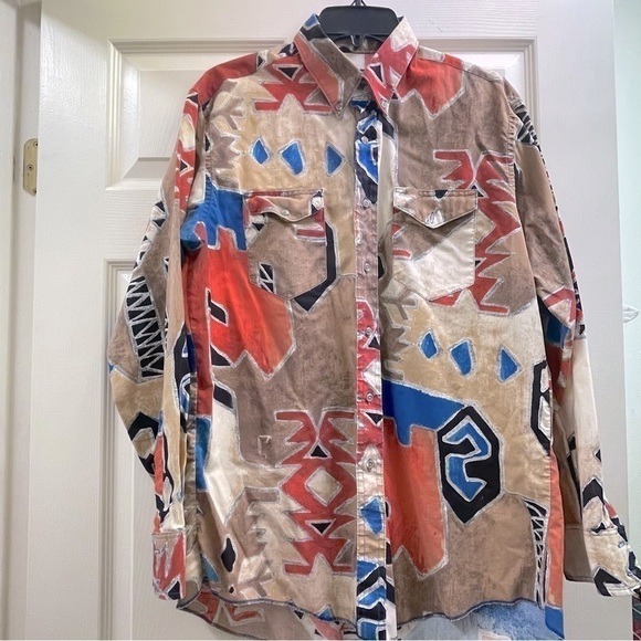 Wrangler Western Retro Abstract Print Long Sleeve Shirt Color Block 16 1/2 - Picture 1 of 16